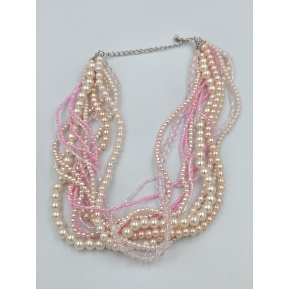 Vintage Multi Strand Faux Pearl Pink Bead Statement Necklace Torsade Cream Pink